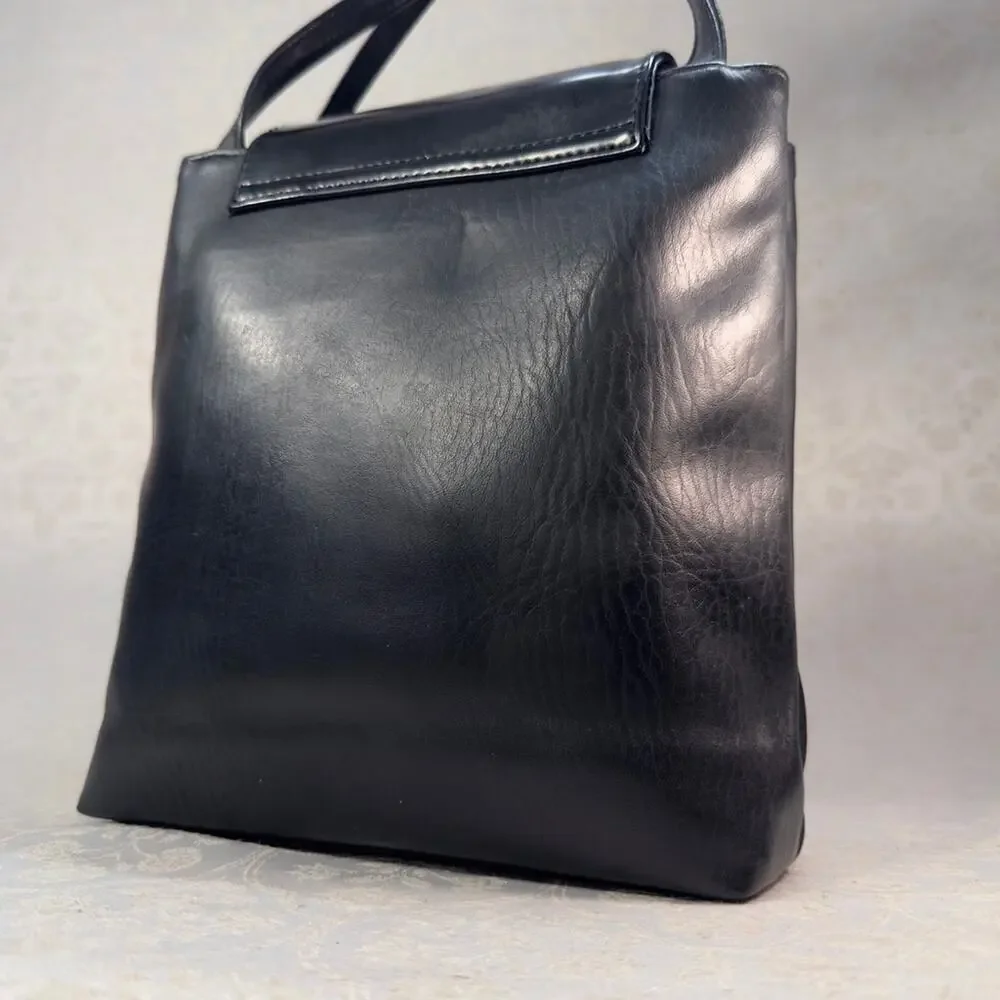 Faux Leather Sleek Black Shoulder Bag Silver Hardware